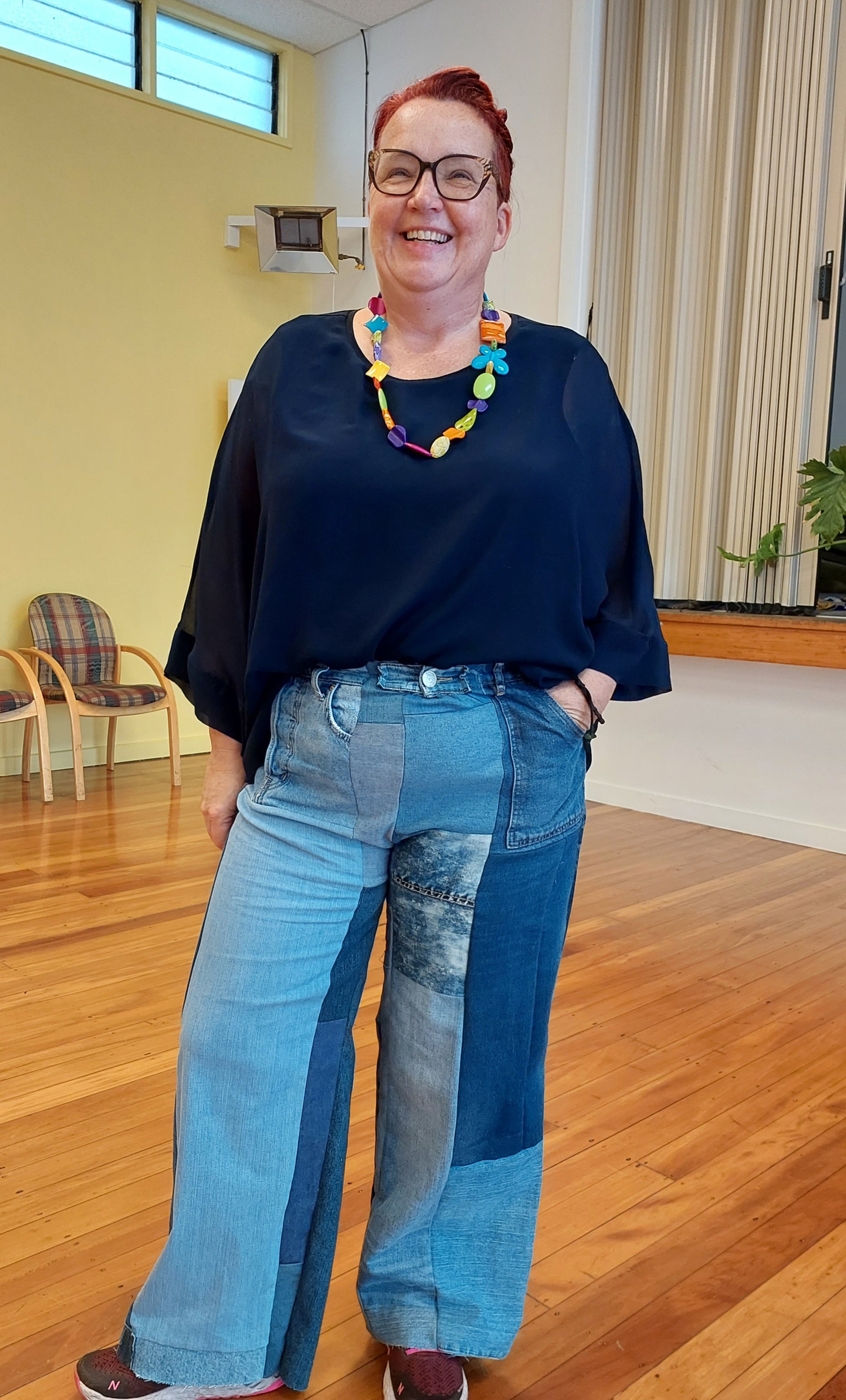 Upcycled patchwork wide leg jeans- regular blue or BLACK denim – Heke design