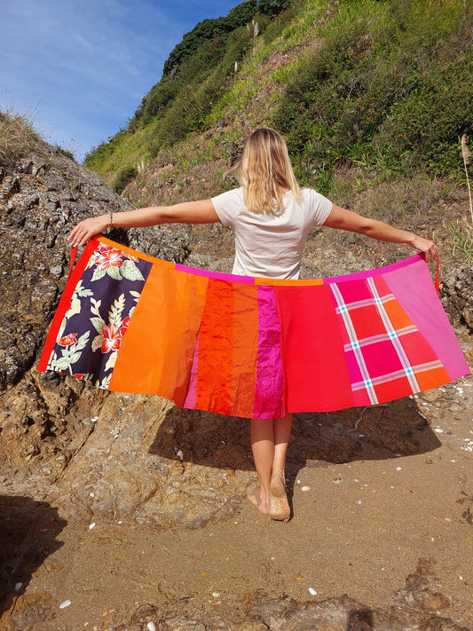 Orange plaid  and pink print  wrap  Skirt