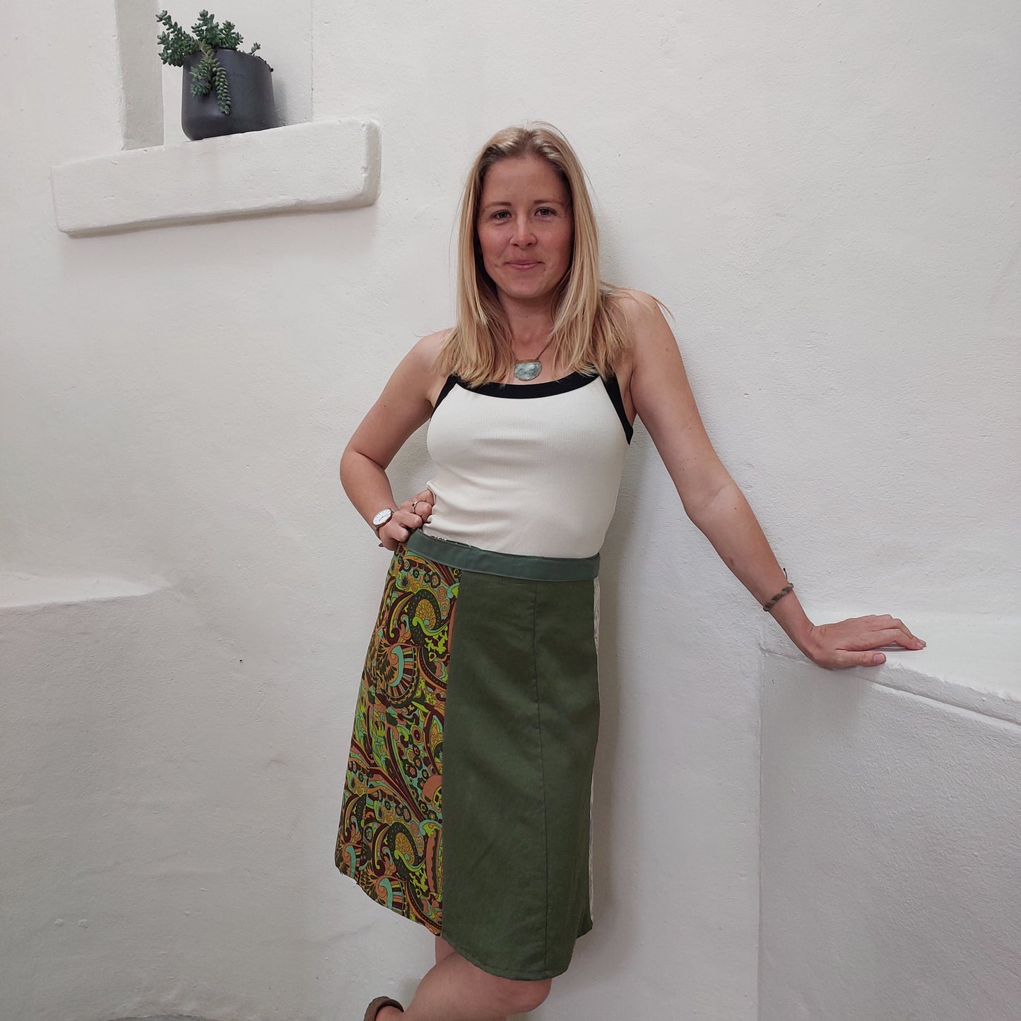kakhi, olive green retro print wrap skirt