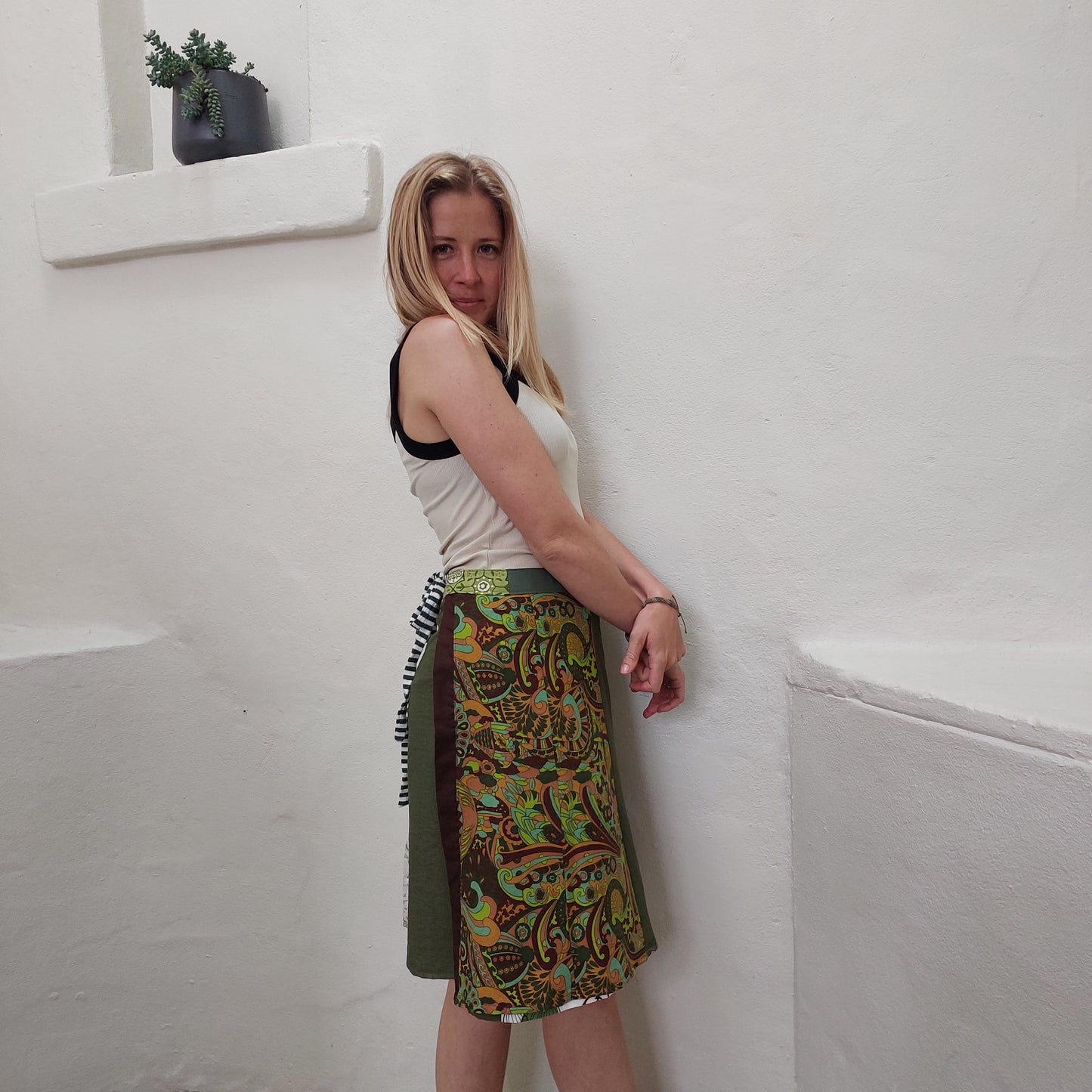 kakhi, olive green retro print wrap skirt