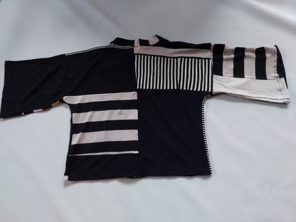 Upcycled Merino Wool Short Kimono in black cream stripe