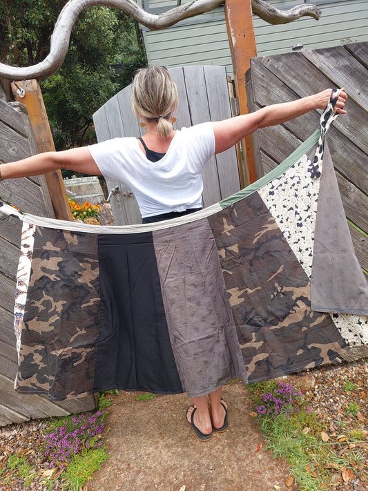 LONG brown and beige with camo print upcycled wrap skirt