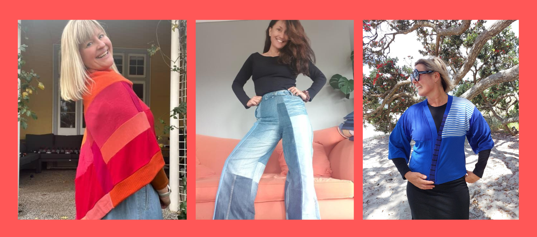 Three people wearing colorful clothing in different settings with a red border.