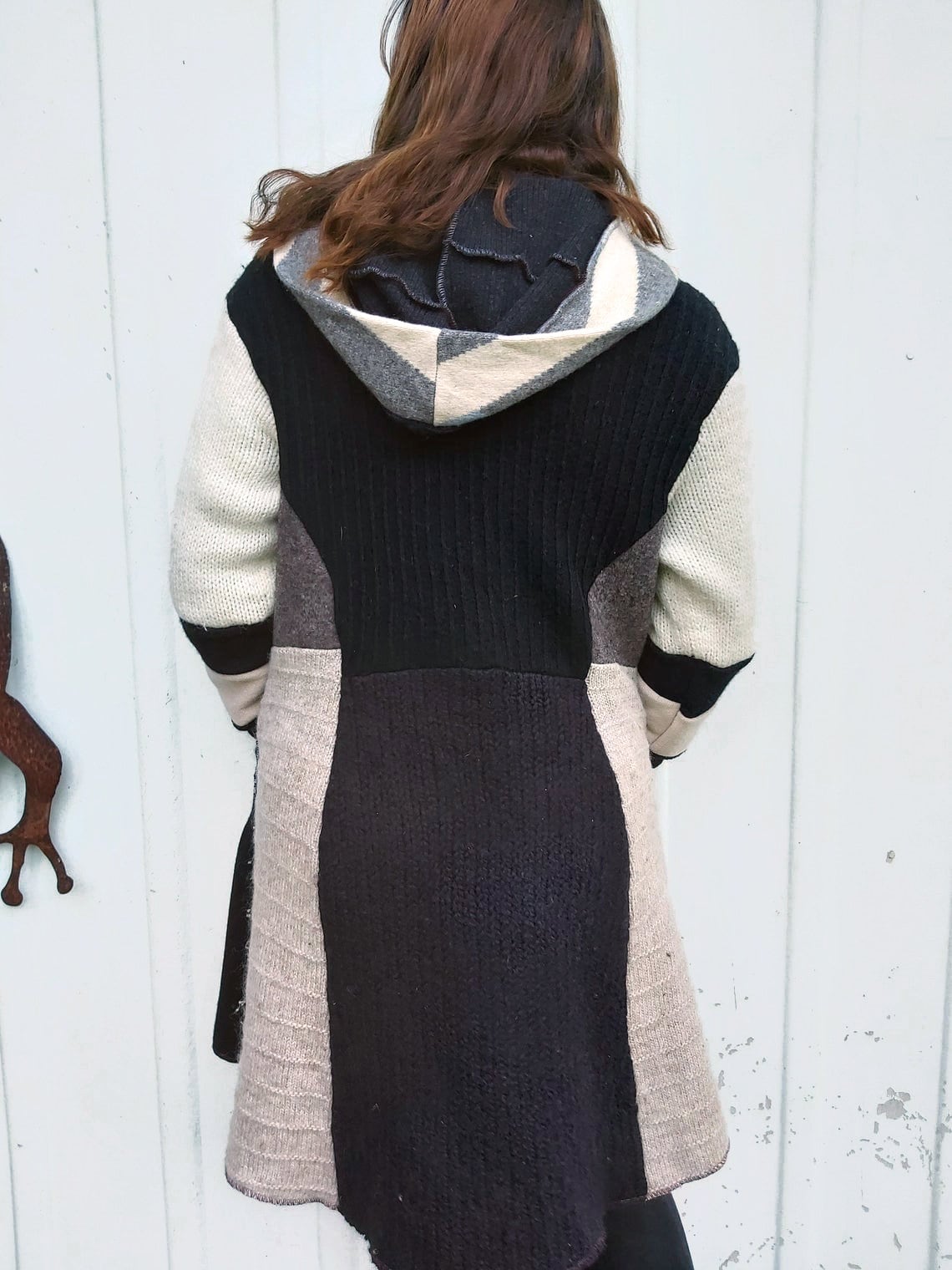 Upcycled Sweatercoat for Women Boho Cardigan With Hood Wool