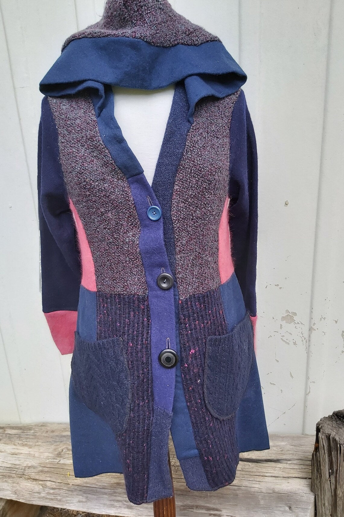 Upcycled Sweatercoat for Women Boho Cardigan With Hood Wool