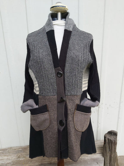 Upcycled Sweatercoat -All wool, greys and black