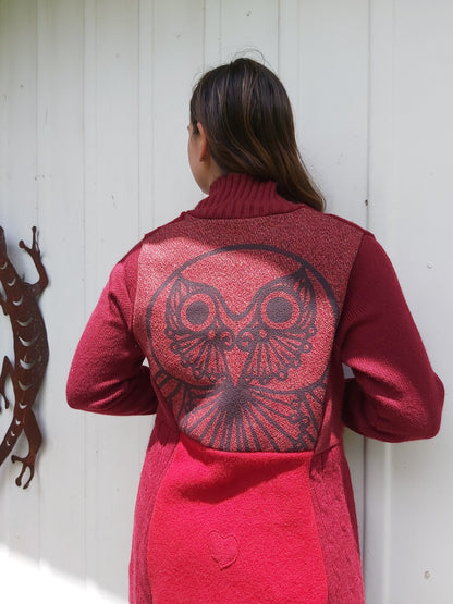 Upcycled Sweatercoat- wool, reds with owl print size M/L