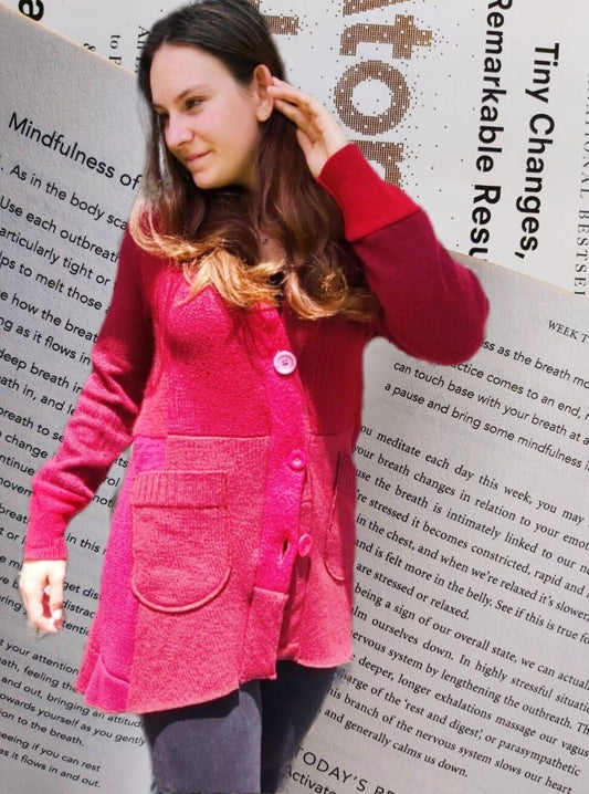 Upcycled Sweatercoat- wool, reds with owl print size M/L