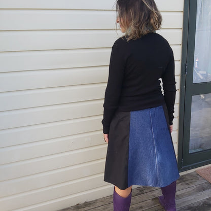 Upcycled Black denim and Purple peacock print skirt