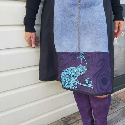 Upcycled Black denim and Purple peacock print skirt