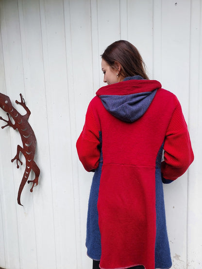 Upcycled Sweatercoat for Women Funky Boho Cardigan  Red and Navy