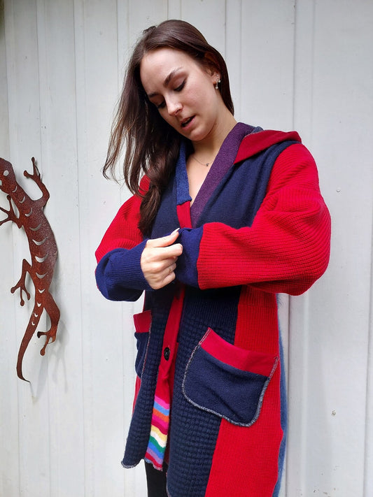 Upcycled Sweatercoat for Women Funky Boho Cardigan  Red and Navy