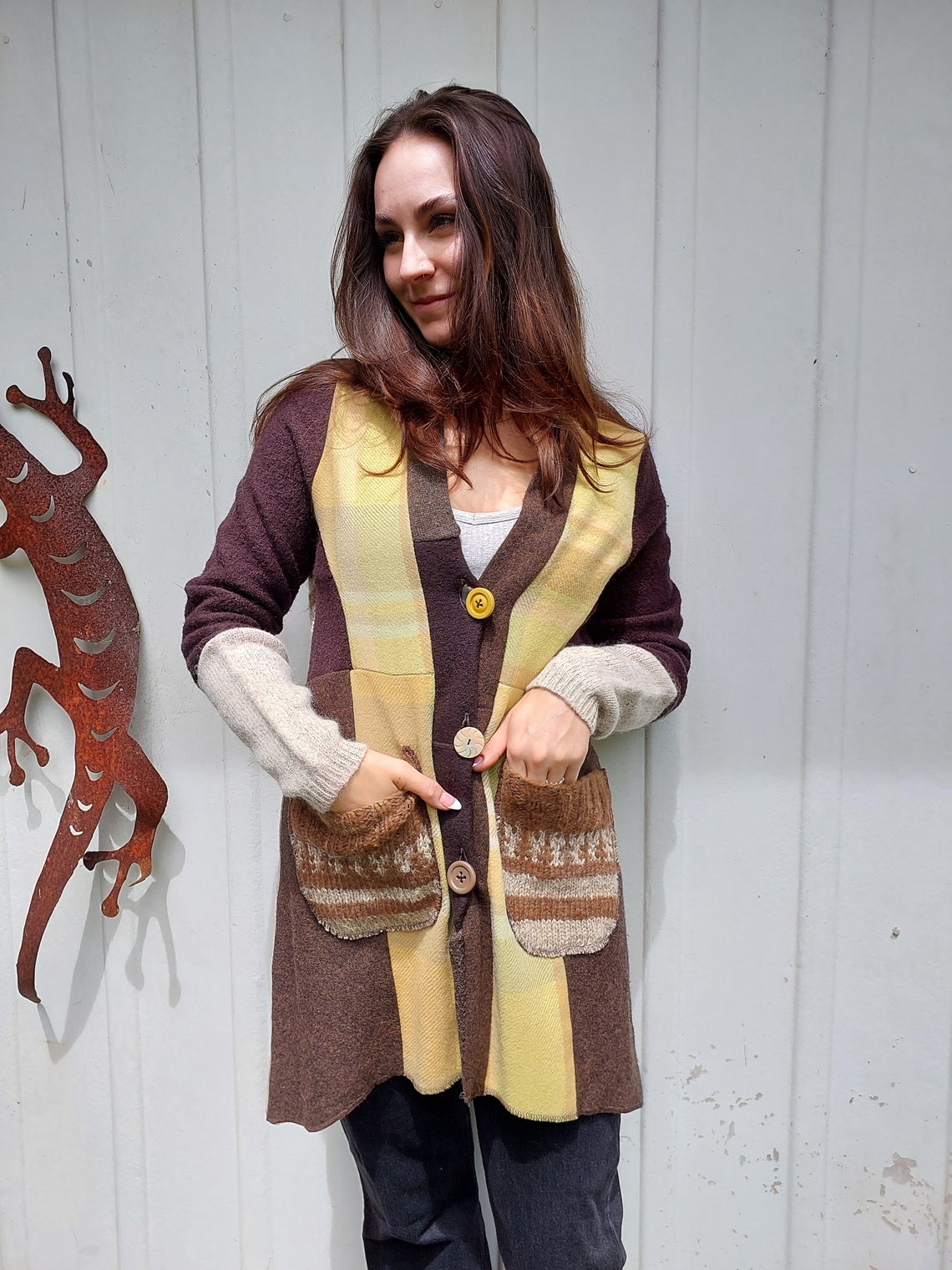 Upcycled Sweatercoat for Women Funky Boho Cardigan Brown and Soft Yellow