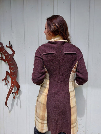 Upcycled Sweatercoat for Women Funky Boho Cardigan Brown and Soft Yellow