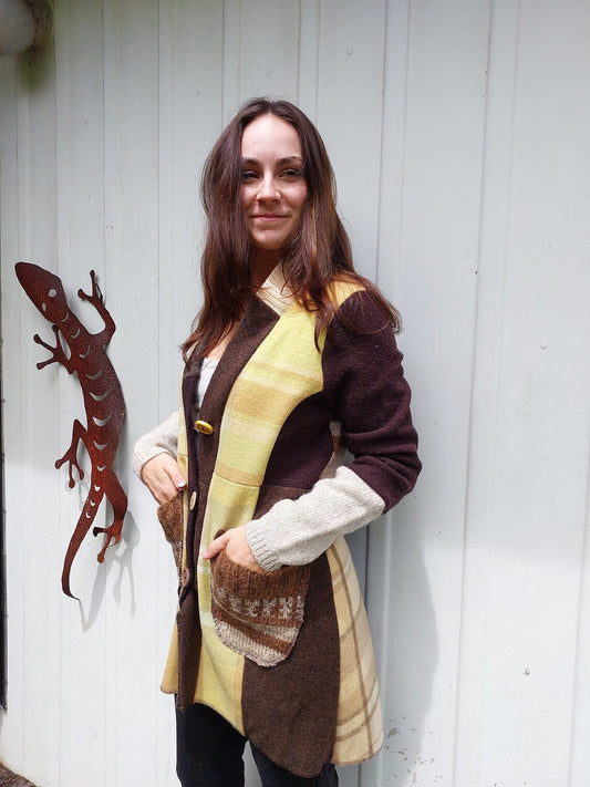 Upcycled Sweatercoat for Women Funky Boho Cardigan Brown and Soft Yellow
