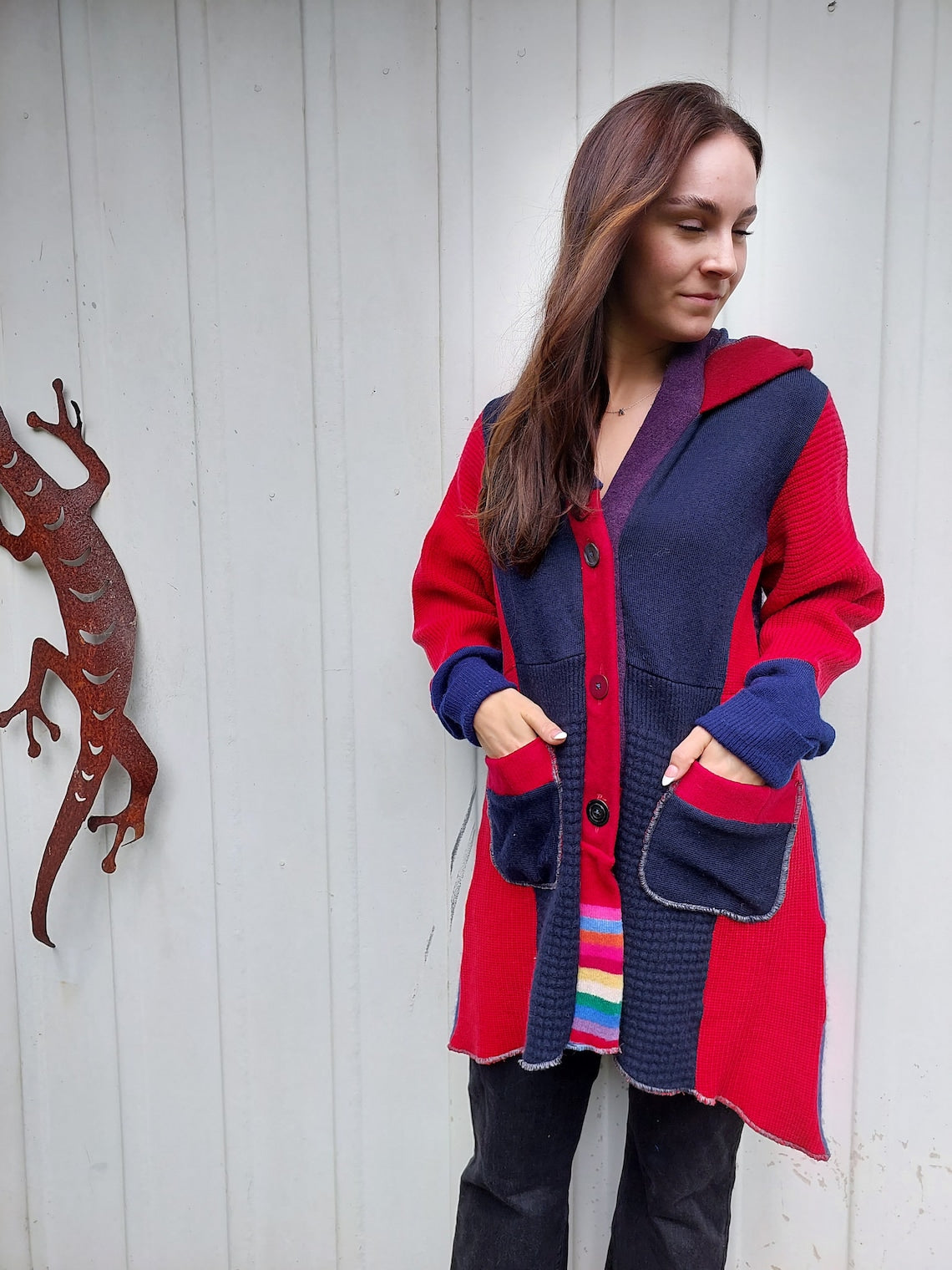 Upcycled Sweatercoat for Women Funky Boho Cardigan  Red and Navy