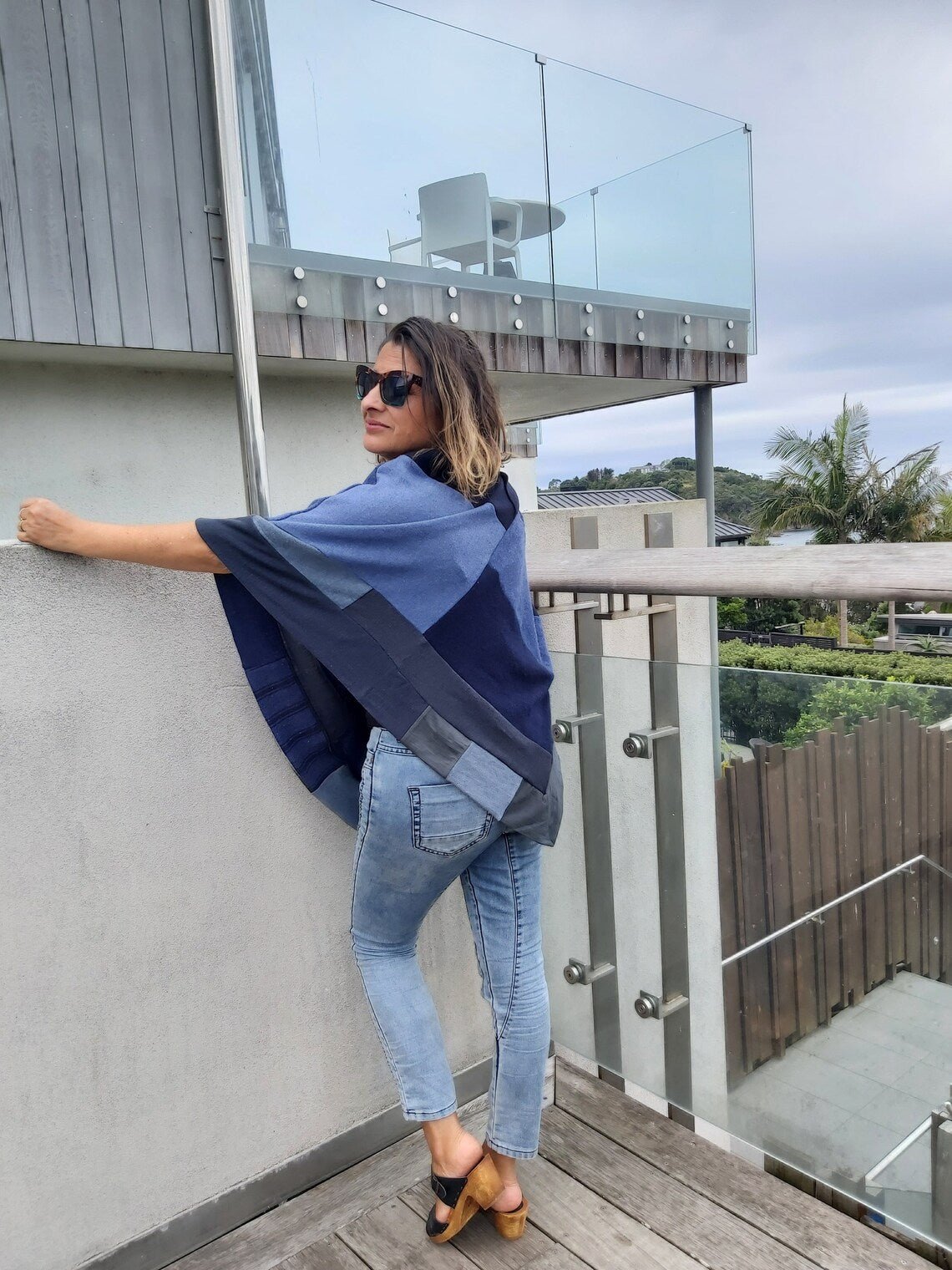 Merino Poncho Upcycled - smoky denim blues - Heke design