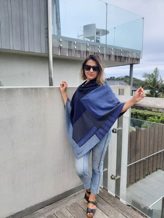 Merino Poncho Upcycled - smoky denim blues - Heke design
