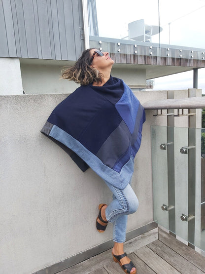 Merino Poncho Upcycled - smoky denim blues - Heke design