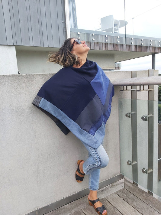 Merino Poncho Upcycled - smoky denim blues - Heke design