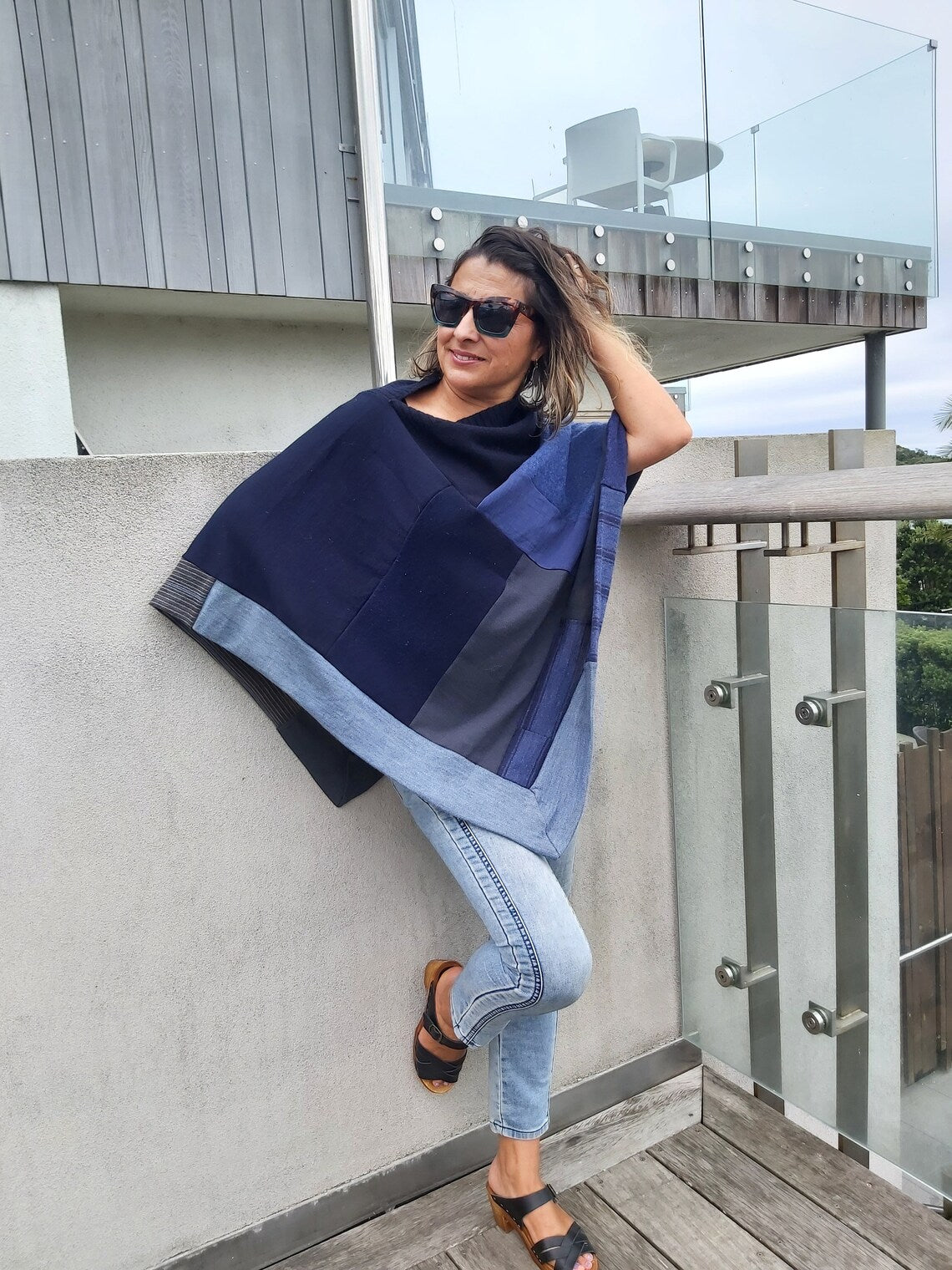 Merino Poncho Upcycled - smoky denim blues - Heke design
