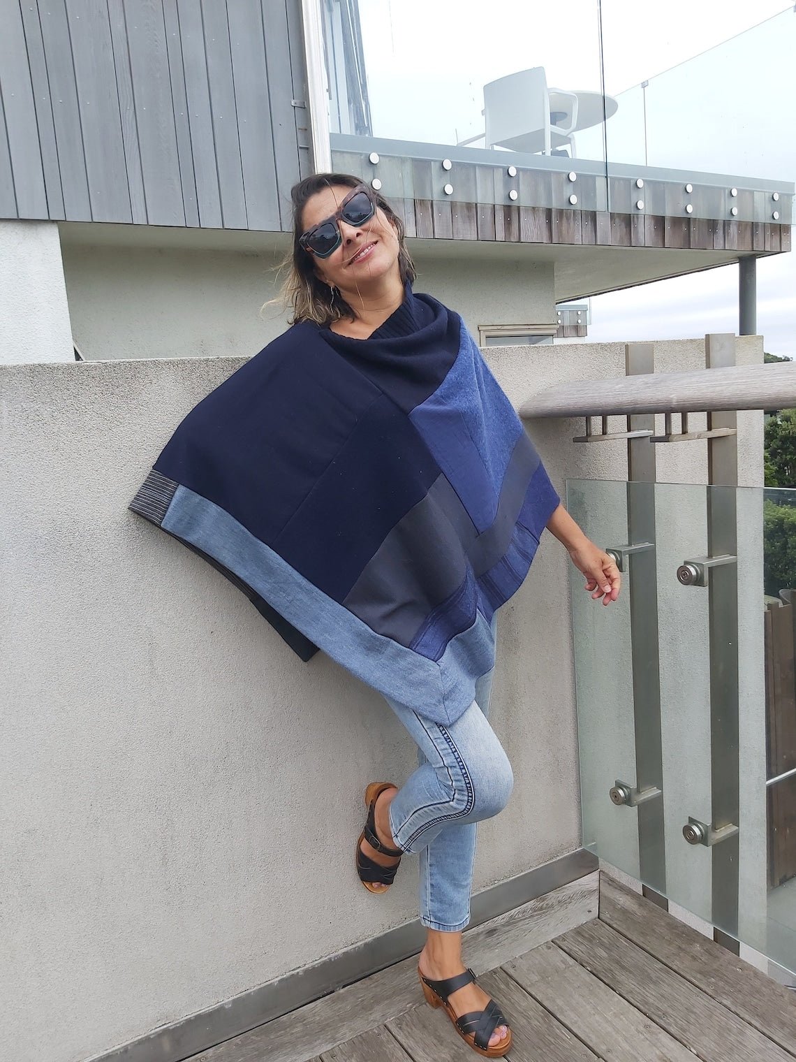 Merino Poncho Upcycled - smoky denim blues - Heke design