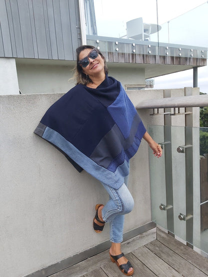 Merino Poncho Upcycled - smoky denim blues - Heke design