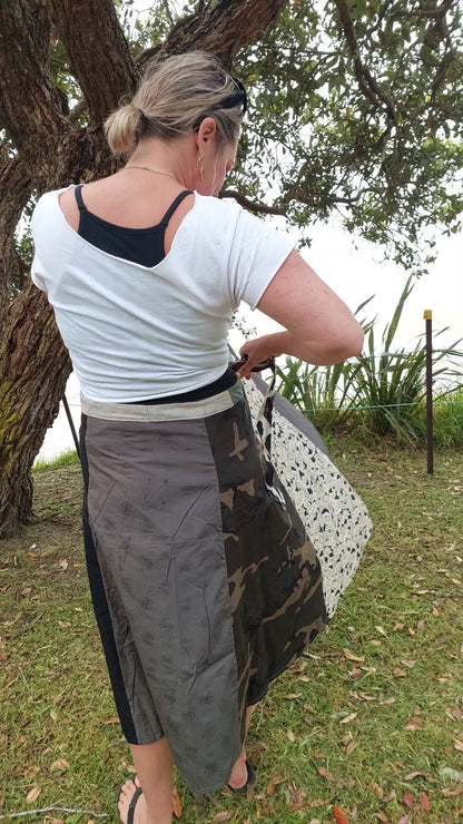 LONG brown and beige with camo print upcycled wrap skirt