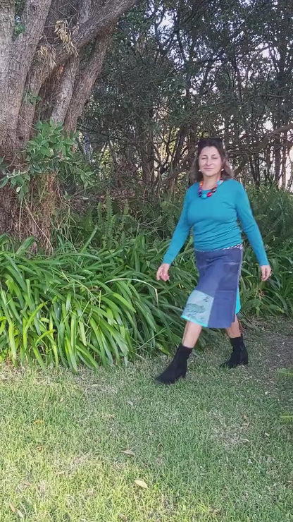 Denim and tourquise Skirt With Peacock print