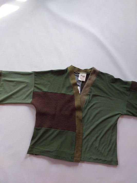 Upcycled Merino Wool Short Kimono in kakhi/ olive LIMITED