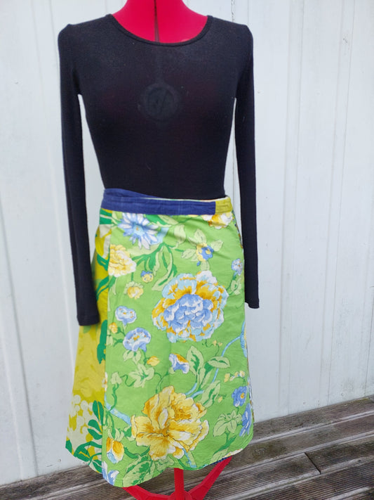 navy  nlue to bright green floral, upcycled wrap skirt