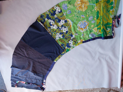 navy  nlue to bright green floral, upcycled wrap skirt