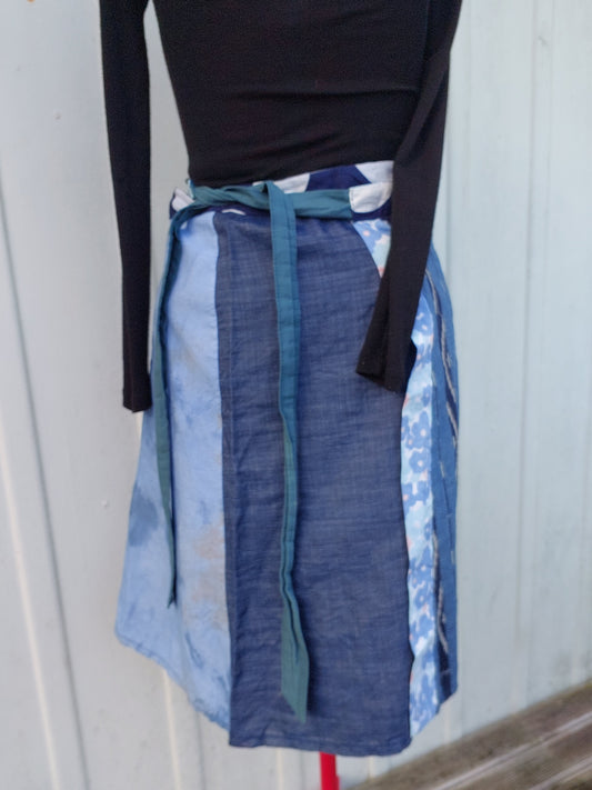 blue upcycled wrap skirt, denim colours,