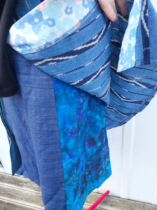 blue upcycled wrap skirt, denim colours,