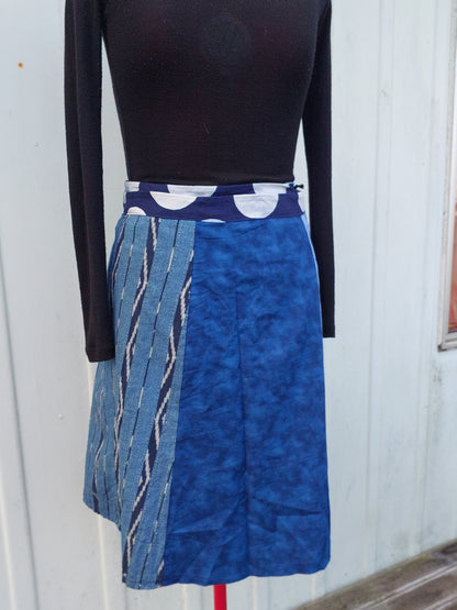 blue upcycled wrap skirt, denim colours,
