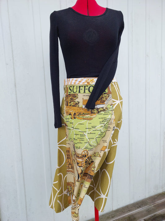LONG wrap skirt yellows, English tea towel, 70s retro print