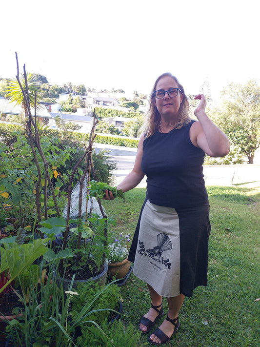 Upcycled denim fantail print skirt