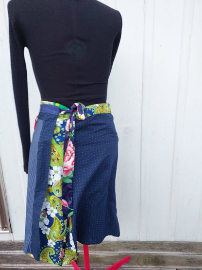 navy  nlue to bright green floral, upcycled wrap skirt