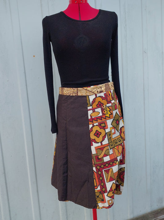 yellow and brown upcycled vintage 70s fabrics wrap skirt